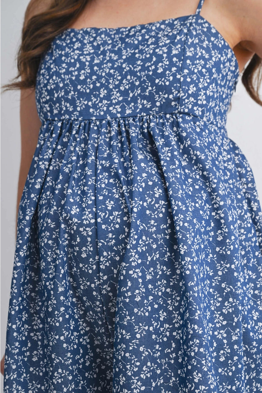 Floral Smocked Maternity Romper with Pockets - Blue