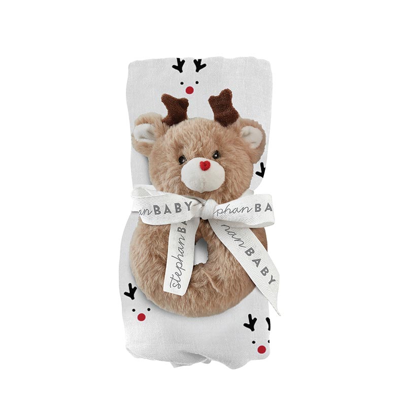 Holiday Swaddle Blanket + Plush Rattle