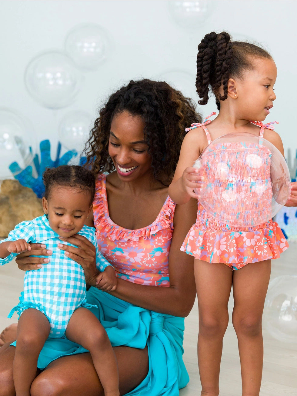 Girls Coral Floral Peplum Smocked Bodice One Piece