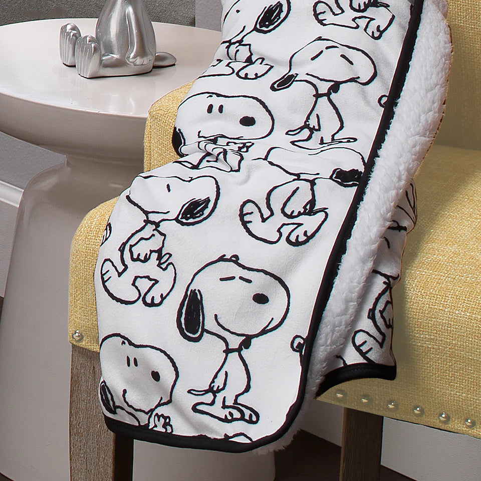 Classic Snoopy Minky and Faux Shearling Baby Blanket - White/Black