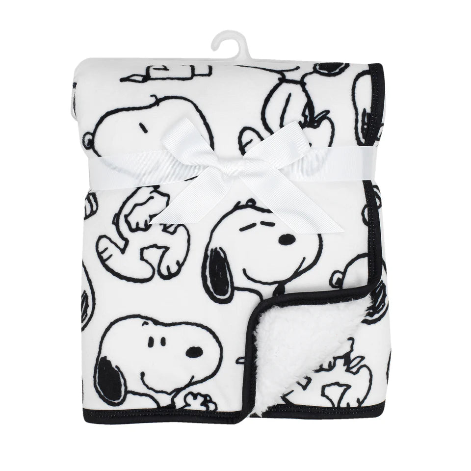 Classic Snoopy Minky and Faux Shearling Baby Blanket - White/Black