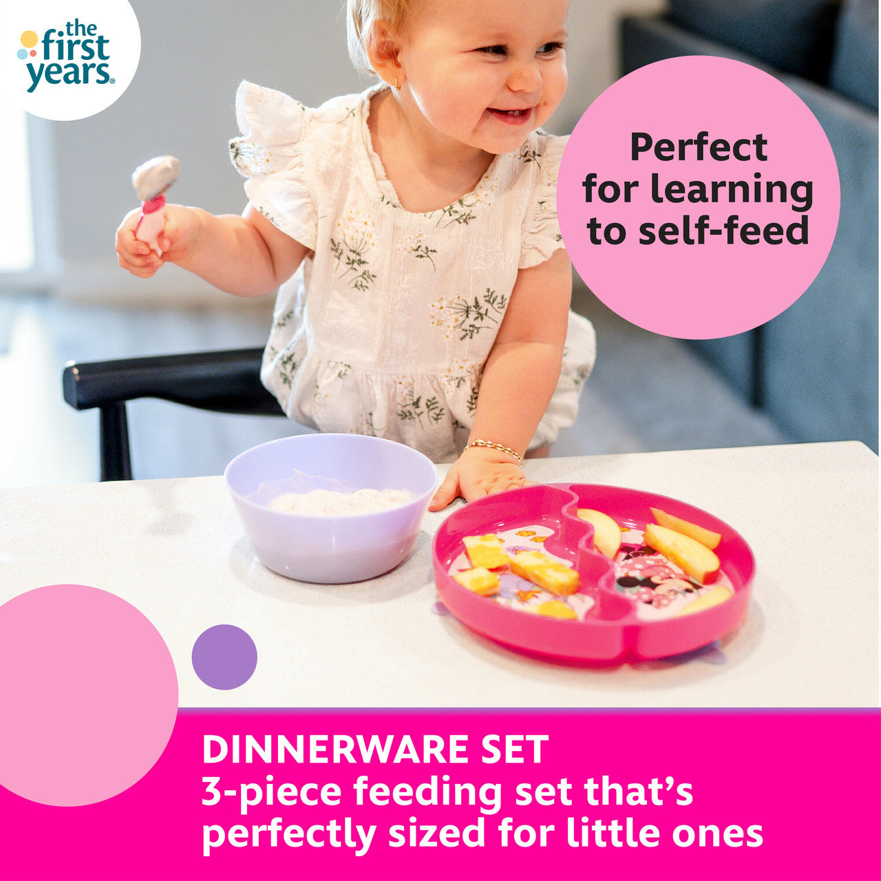 Disney Minnie Mouse 3-Piece Mealtime Set with Divided Suction Plate, Bowl and Spoon
