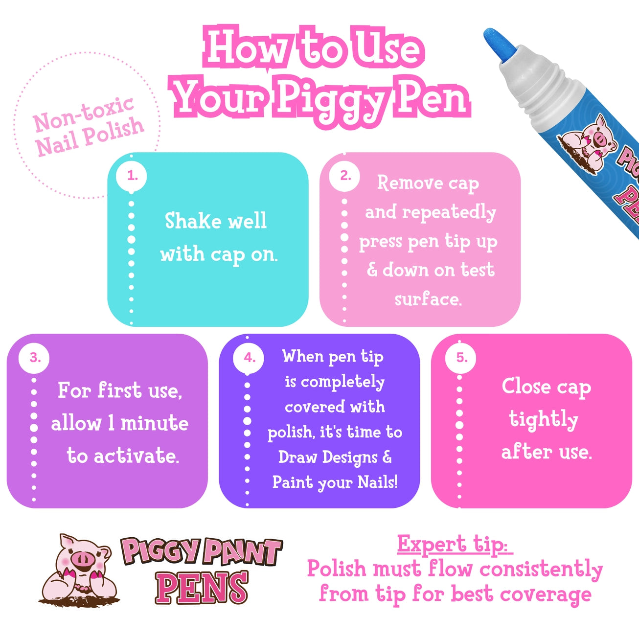 Blazin' Blue Piggy Paint Pen Non-Toxic Kids Nail Polish