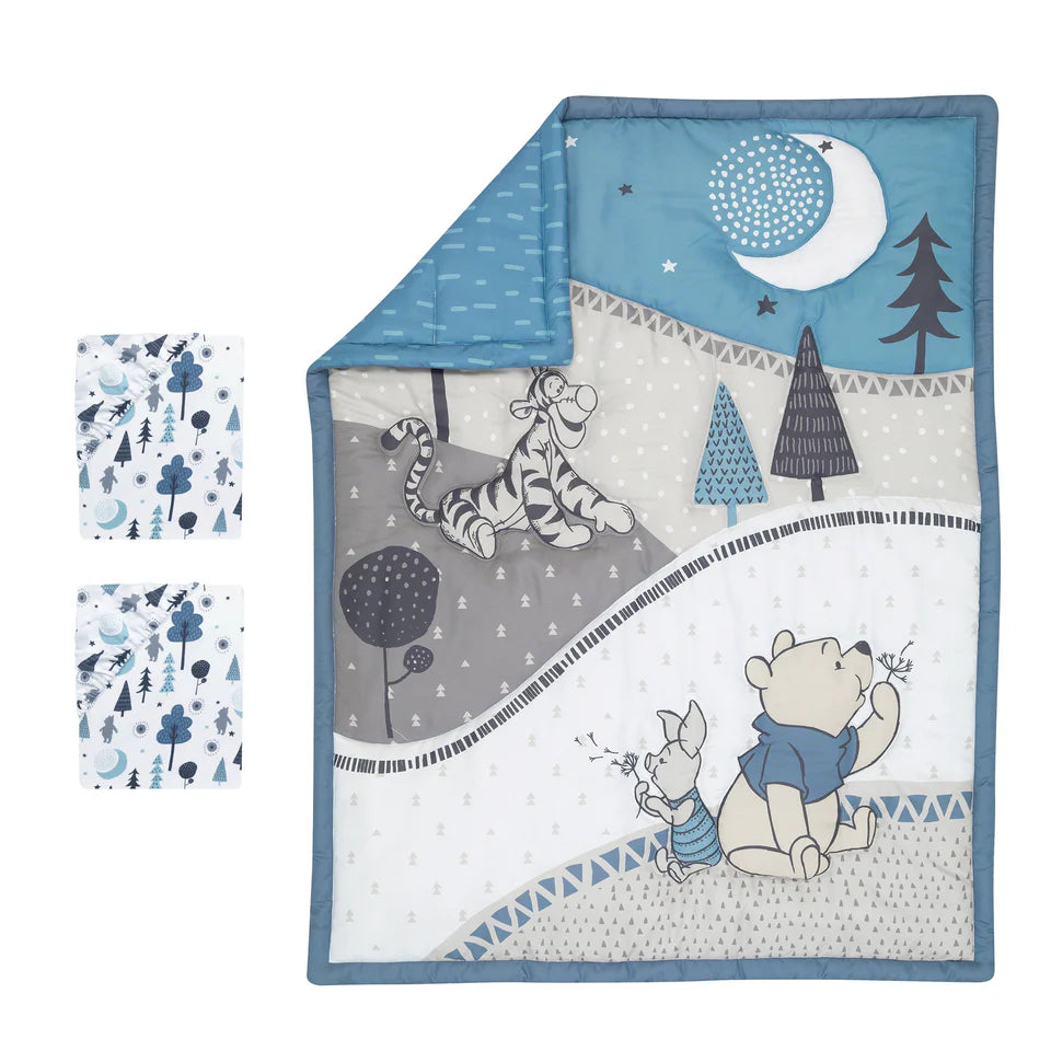 Disney Baby Forever Pooh Blue/Gray 3-Piece Mini Crib Bedding Set