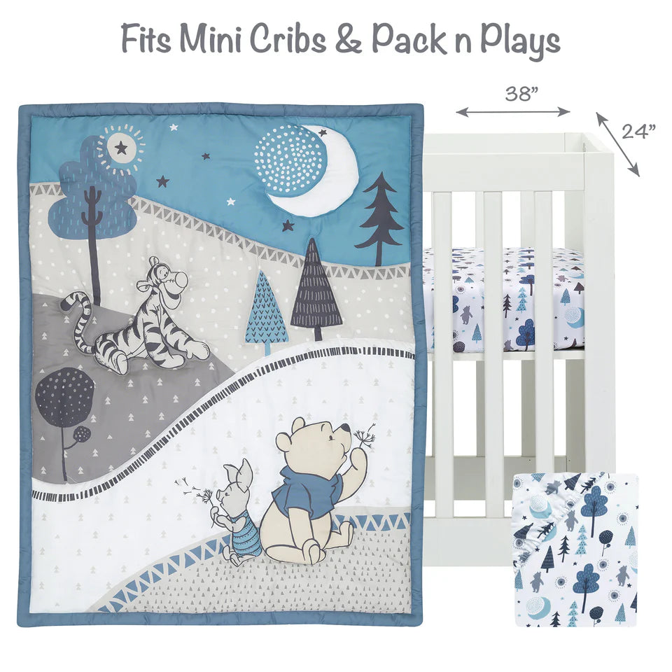 Disney Baby Forever Pooh Blue/Gray 3-Piece Mini Crib Bedding Set