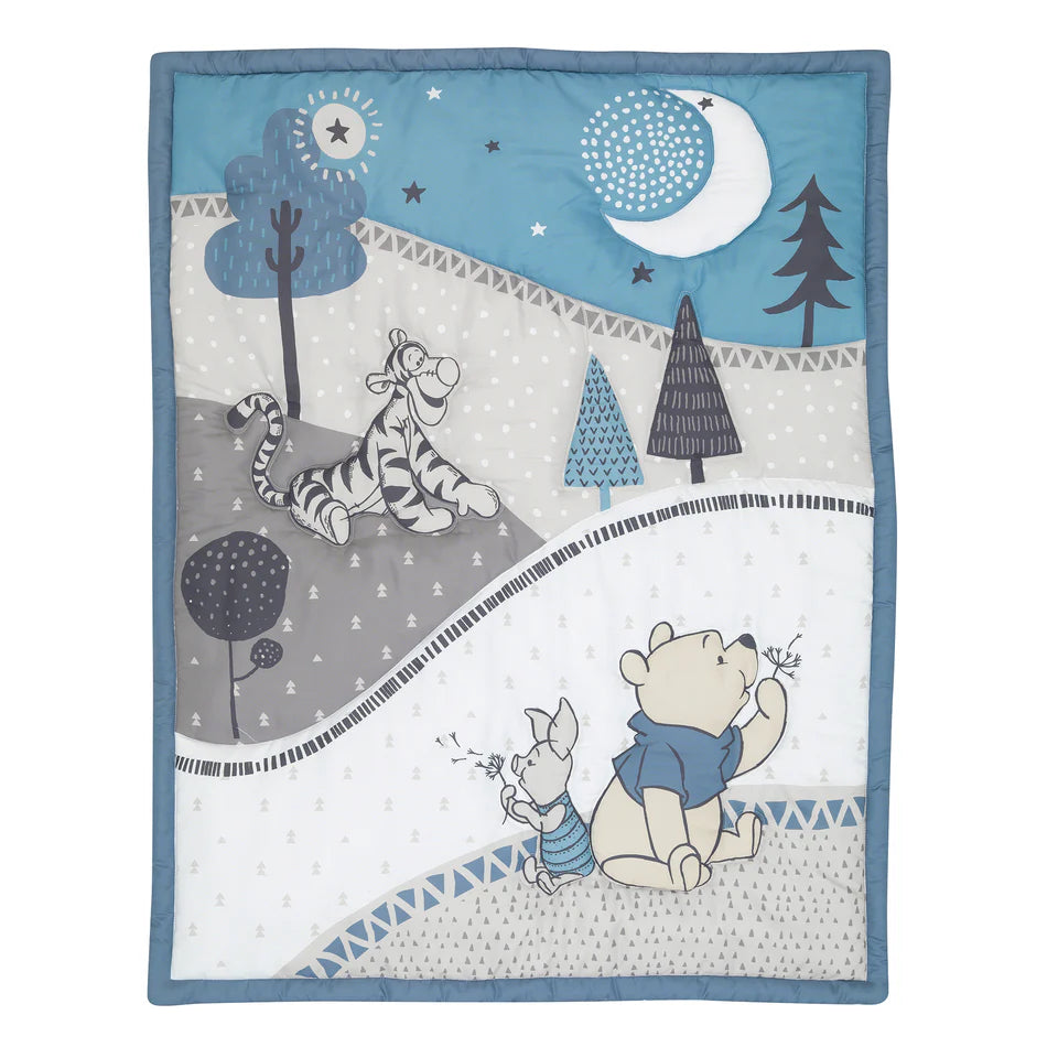 Disney Baby Forever Pooh Blue/Gray 3-Piece Mini Crib Bedding Set