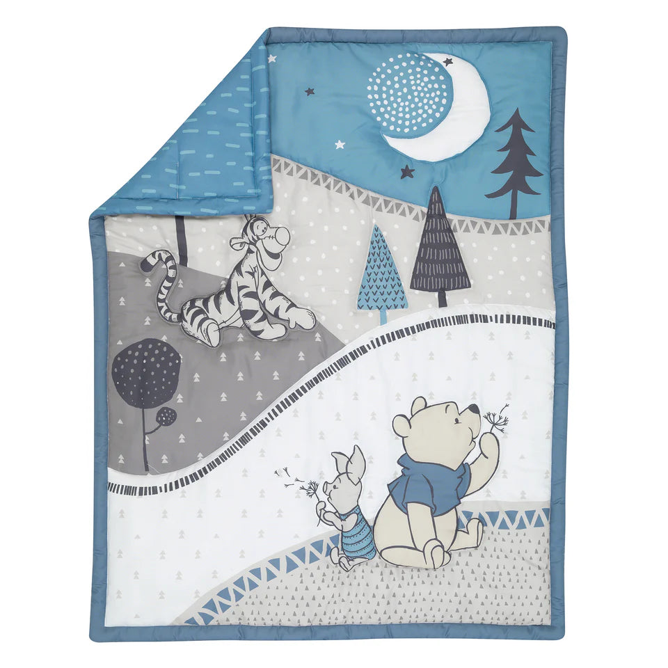 Disney Baby Forever Pooh Blue/Gray 3-Piece Mini Crib Bedding Set
