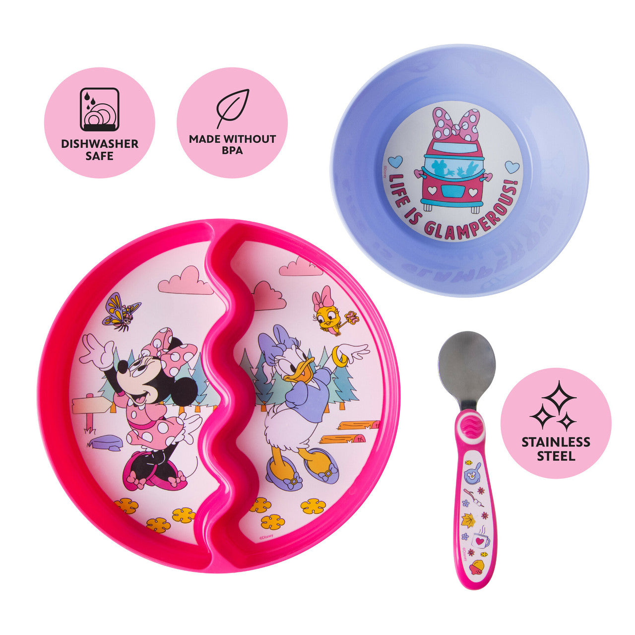 Disney Minnie Mouse 3-Piece Mealtime Set with Divided Suction Plate, Bowl and Spoon