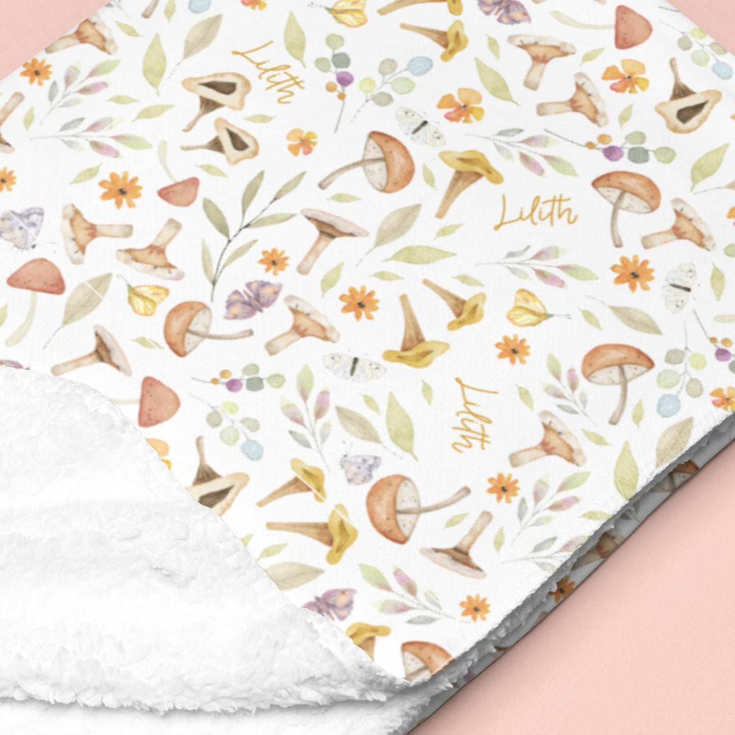 Sugar + Maple Sherpa-Lined Personalized Blanket | Whimsical Mushroom
