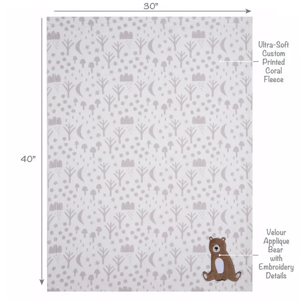 Sleepytime Bear White/Brown Soft Fleece Baby Blanket