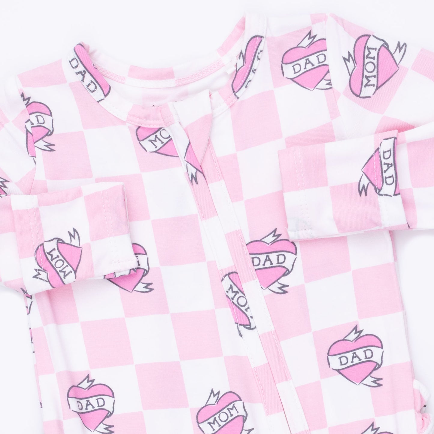 2 Way Ruffle Back Zipper Footie - Heart Tattoo Check Pink