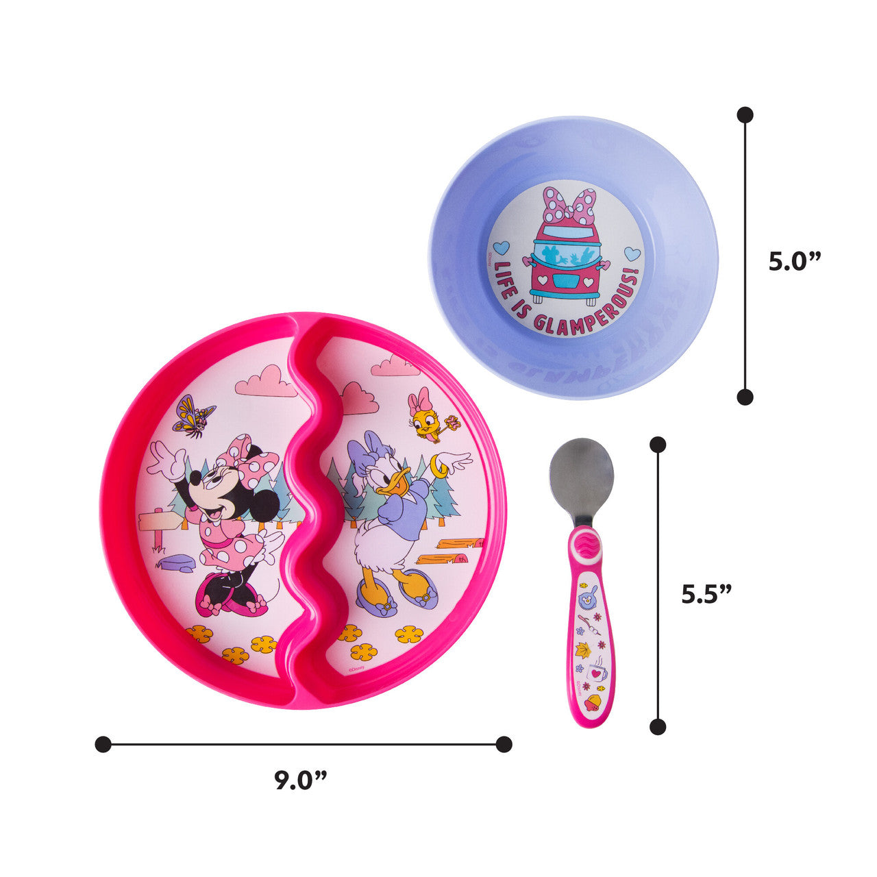 Disney Minnie Mouse 3-Piece Mealtime Set with Divided Suction Plate, Bowl and Spoon