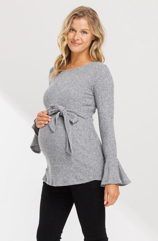 Faux-tie Keyhole Maternity Top With Bell Sleeves