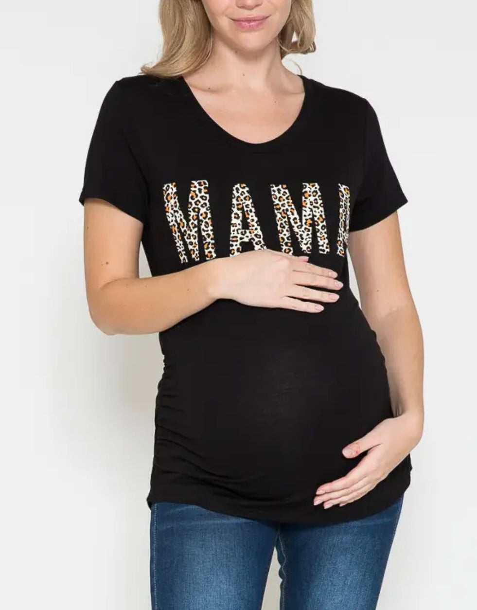Maternity Leopard Printed MAMA Screen Side Cinch Top