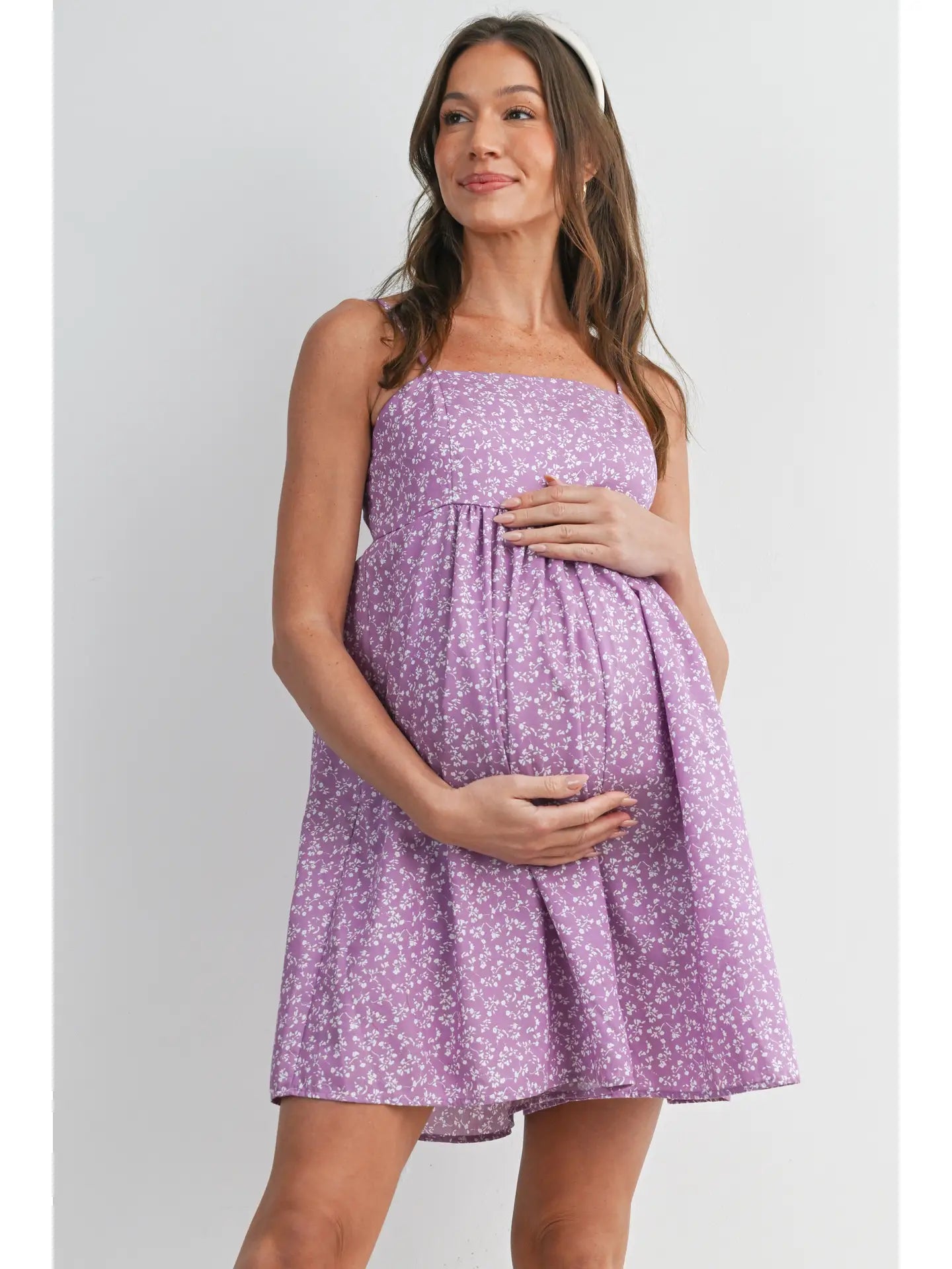 Floral Smocked Maternity Romper with Pockets - Lilac