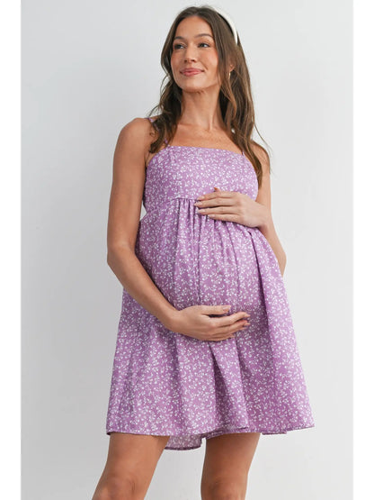 Floral Smocked Maternity Romper with Pockets - Lilac