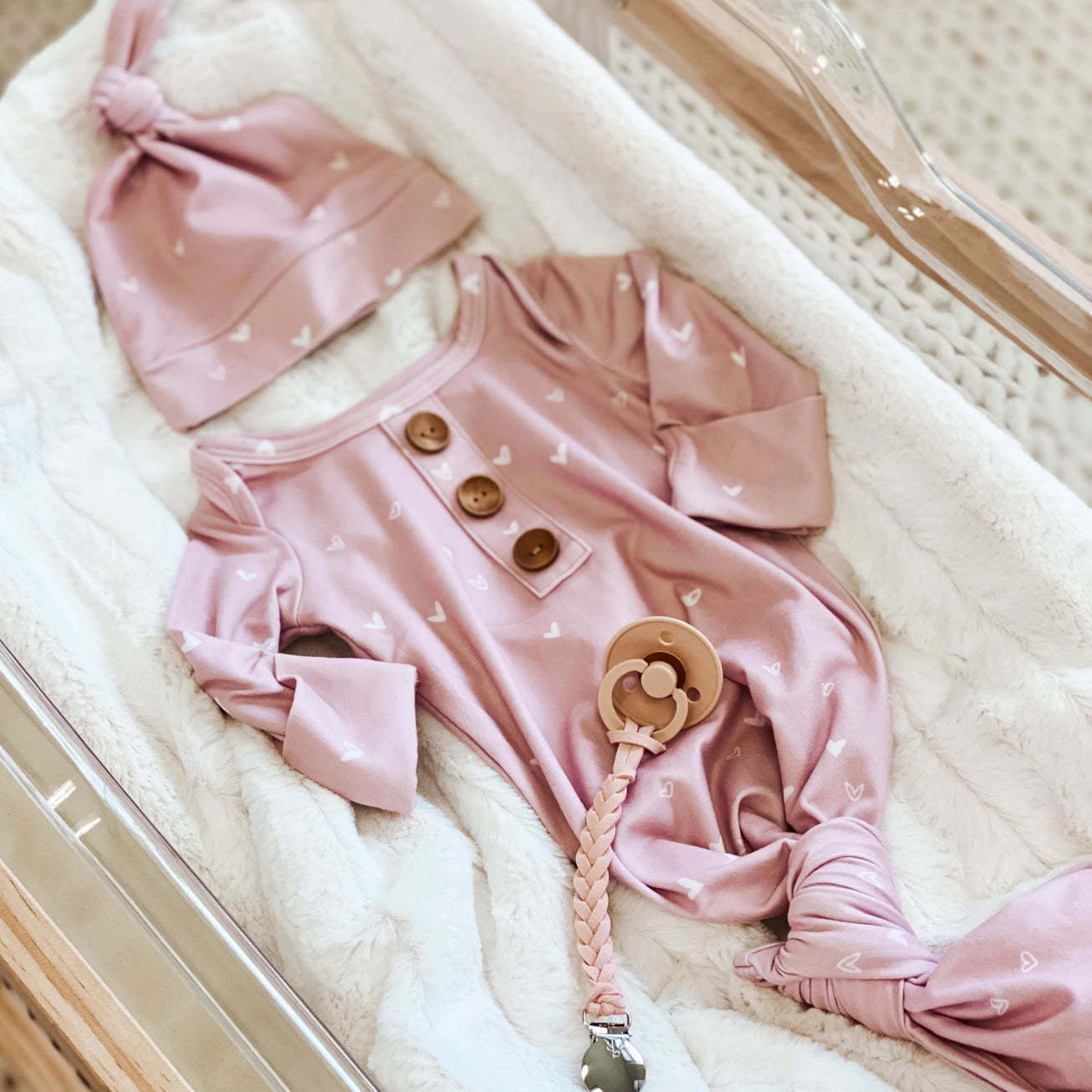 Newborn Baby Knot Gown & Hat Set | Tiny Hearts in Dusty Pink