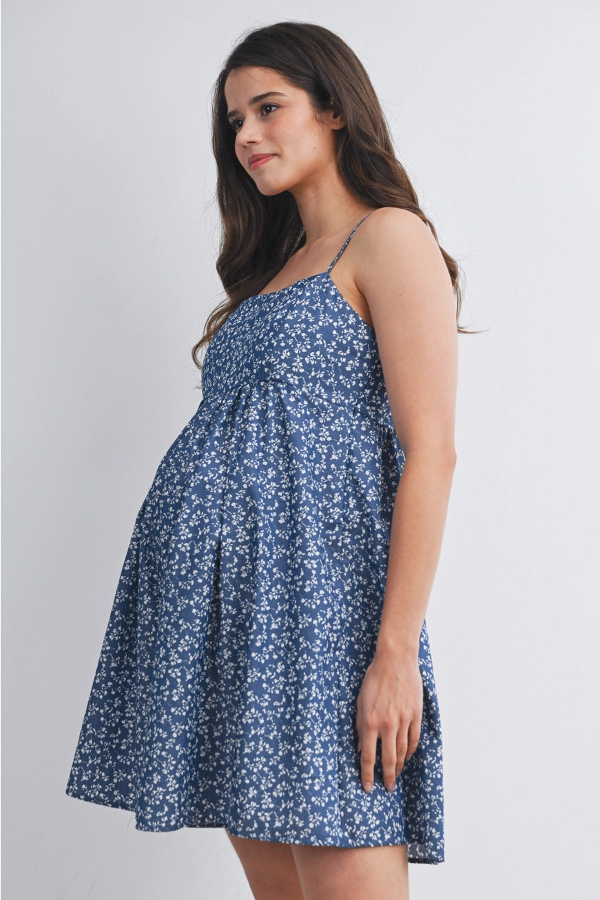 Floral Smocked Maternity Romper with Pockets - Blue