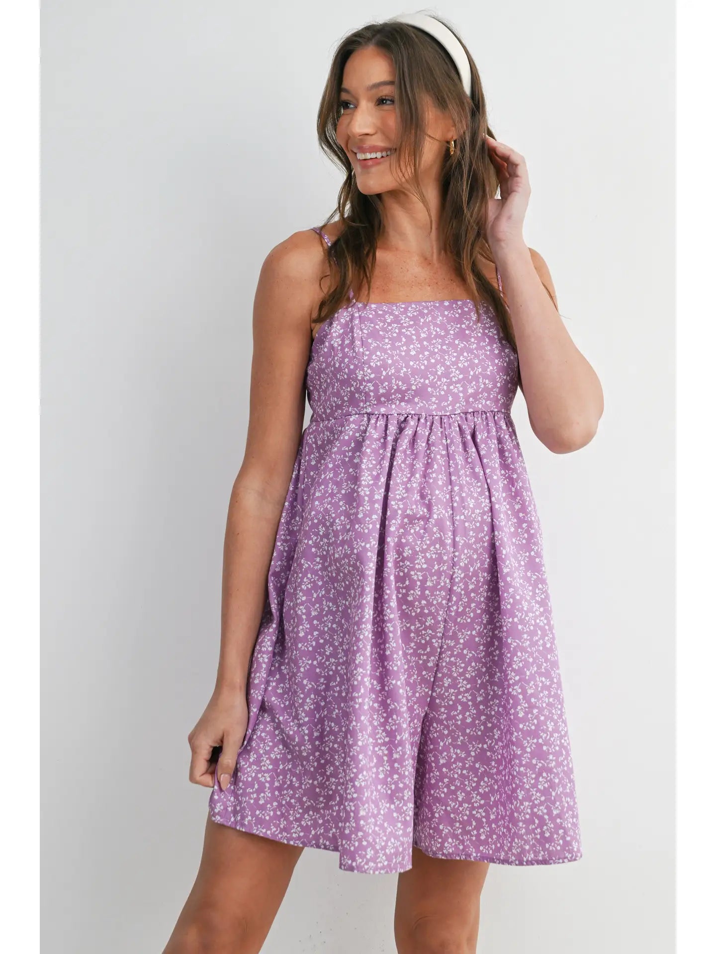 Floral Smocked Maternity Romper with Pockets - Lilac