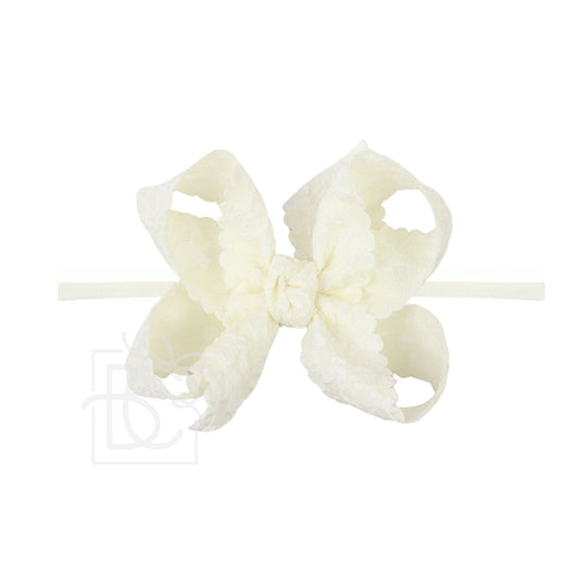 1/4" Pantyhose Headband w/ Scalloped Edge Lace Flower Bow