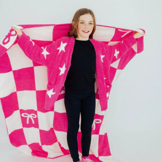 Bright Pink Checker Bow Cozy Blanket