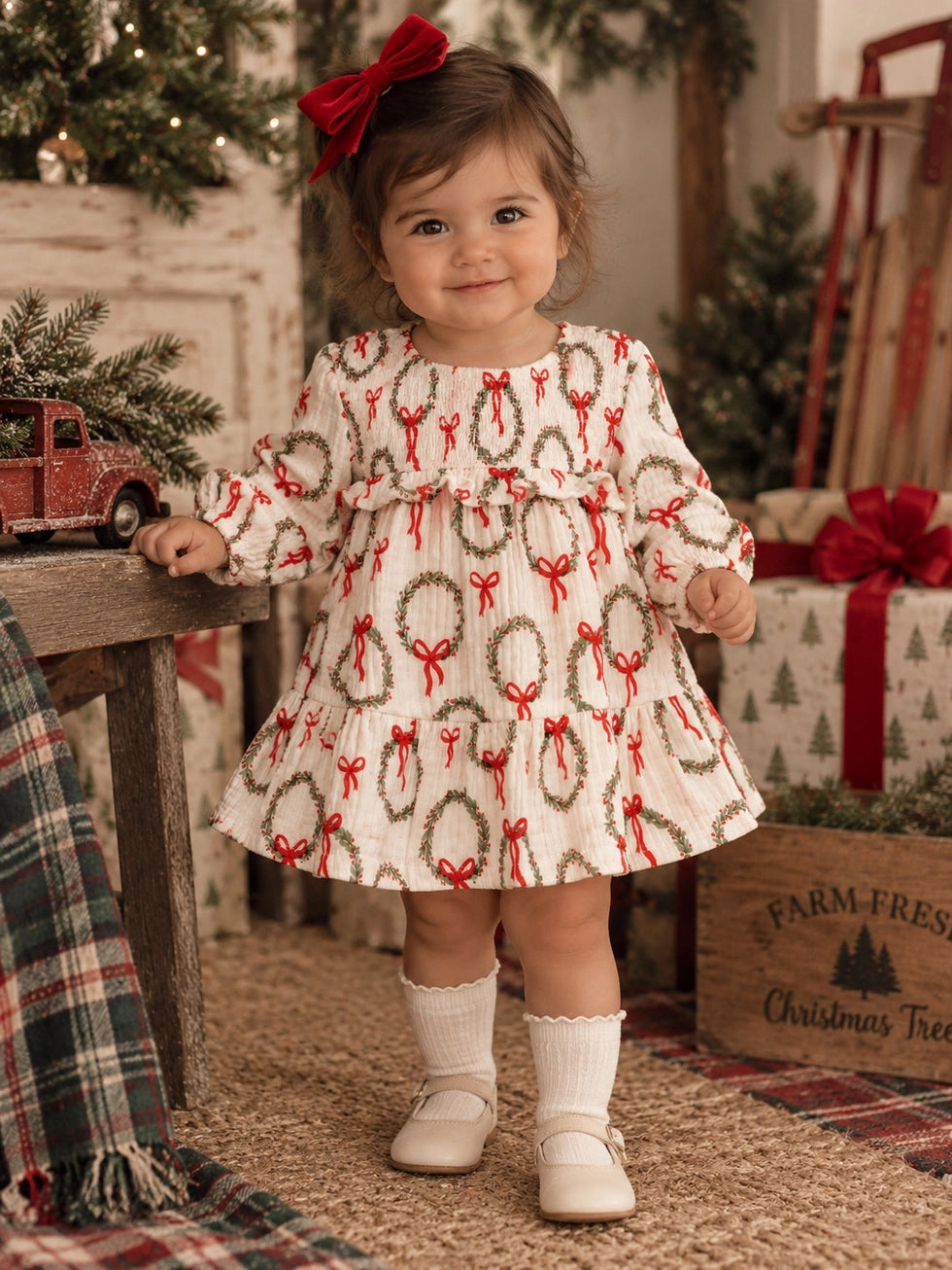 Smocked Ruffle Tiered Dress & Bloomer - Pink Wreath