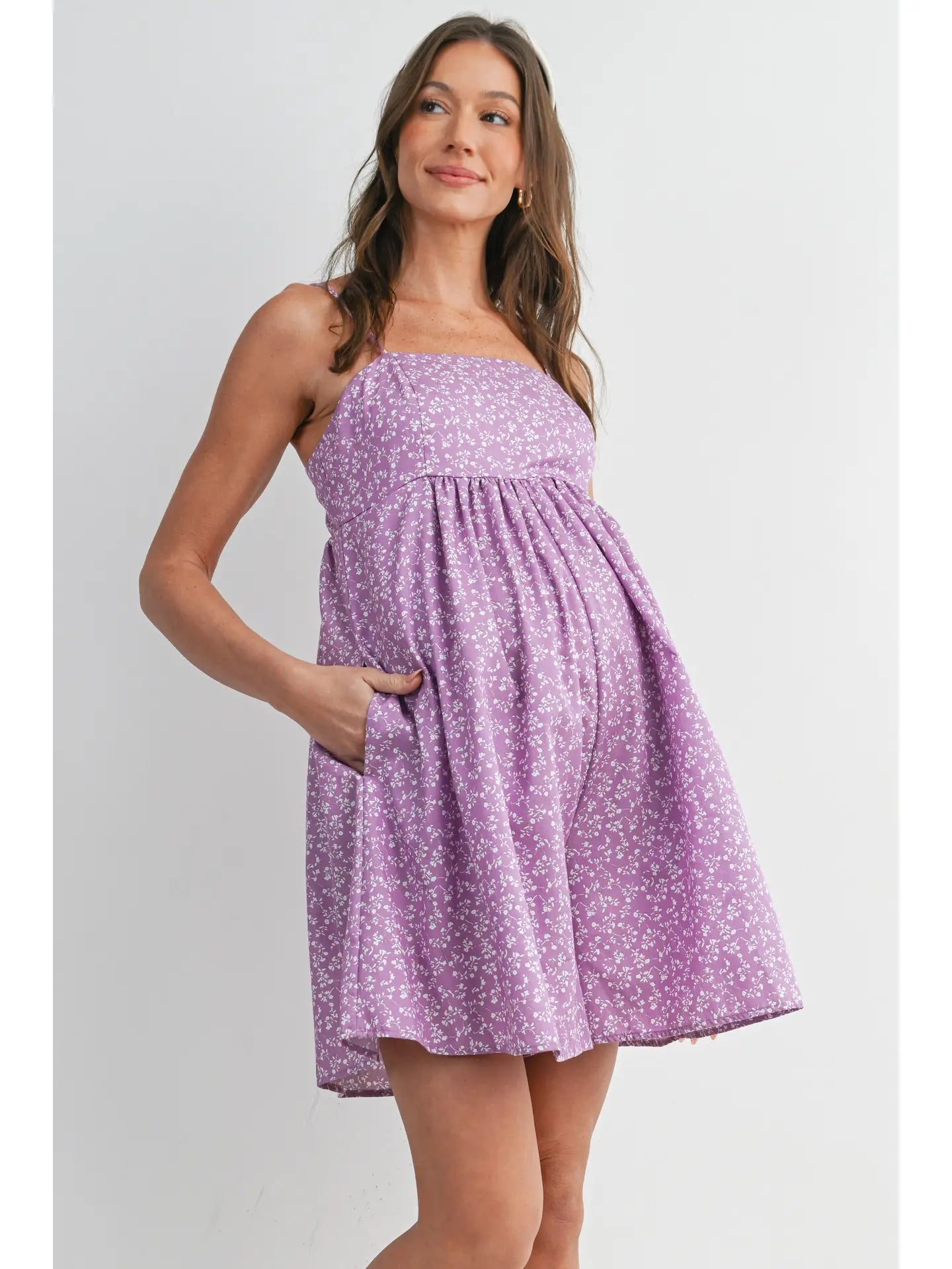 Floral Smocked Maternity Romper with Pockets - Lilac