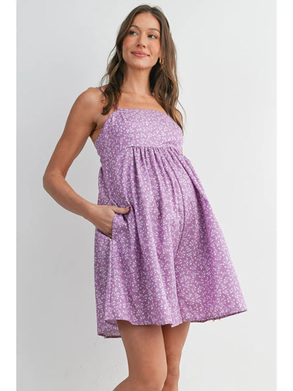 Floral Smocked Maternity Romper with Pockets - Lilac