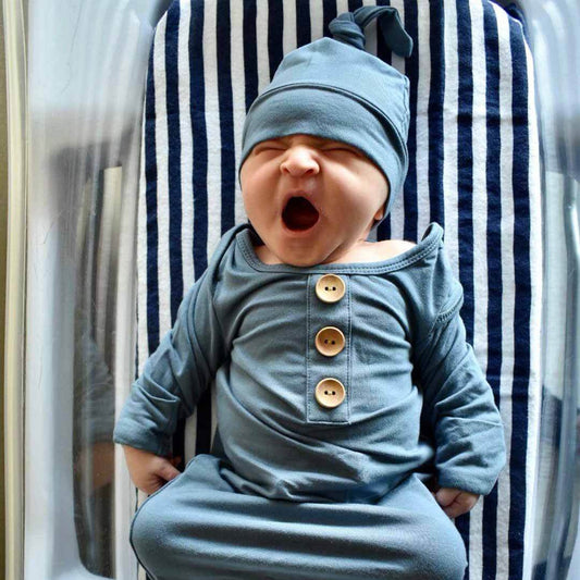 Bamboo Baby Knot Gown & Hat | Solid Dusty Blue