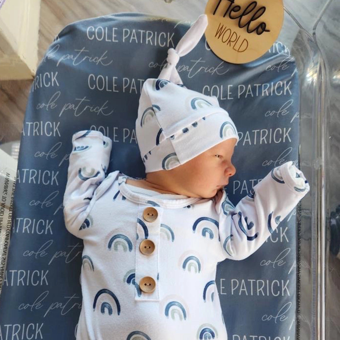 Newborn Baby Knot Gown & Hat Set | Brooks' Blue Rainbows