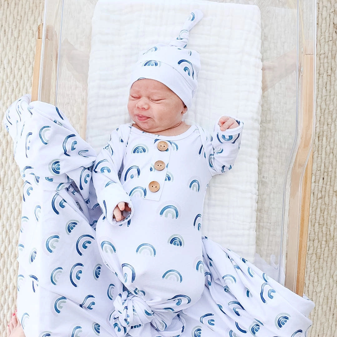 Newborn Baby Knot Gown & Hat Set | Brooks' Blue Rainbows