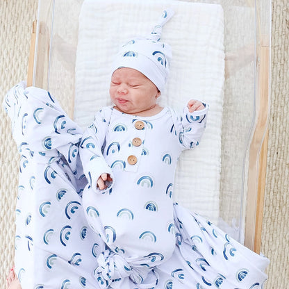 Newborn Baby Knot Gown & Hat Set | Brooks' Blue Rainbows