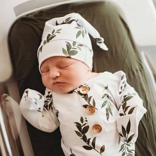Newborn Baby Knot Gown & Hat Set | Olive Leaf