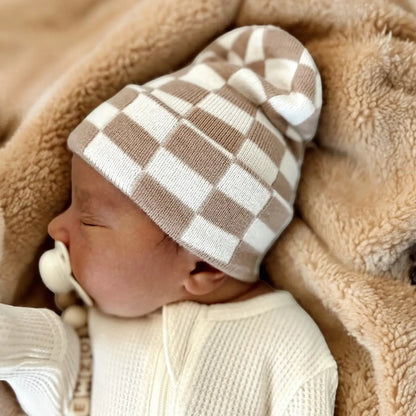 Baby's First Hat - Tan/Warm White Checkerboard