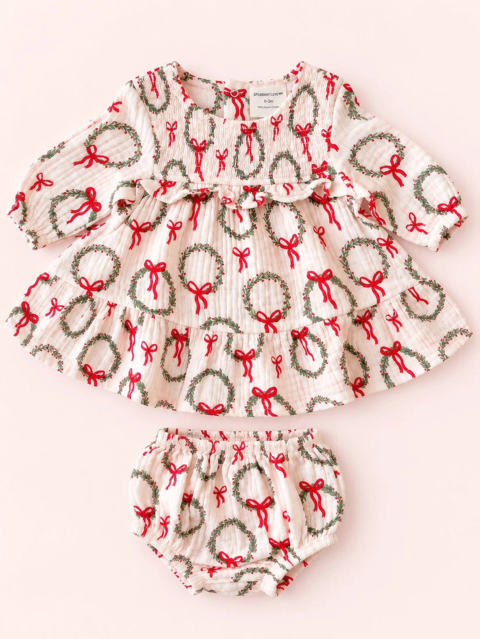 Smocked Ruffle Tiered Dress & Bloomer - Pink Wreath