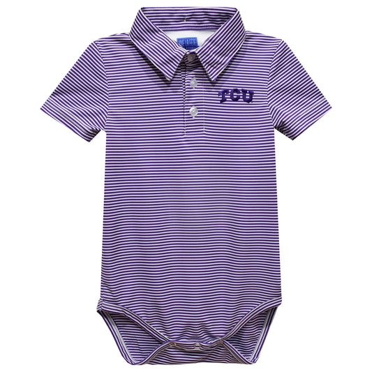 Tcu Horned Frogs Embroidered Purple Stripe Knit Polo Onesie