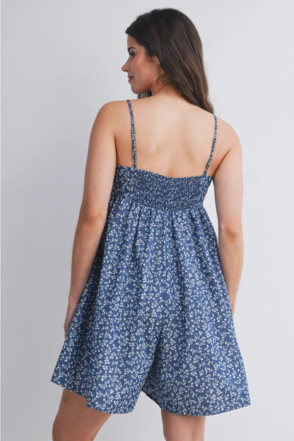 Floral Smocked Maternity Romper with Pockets - Blue