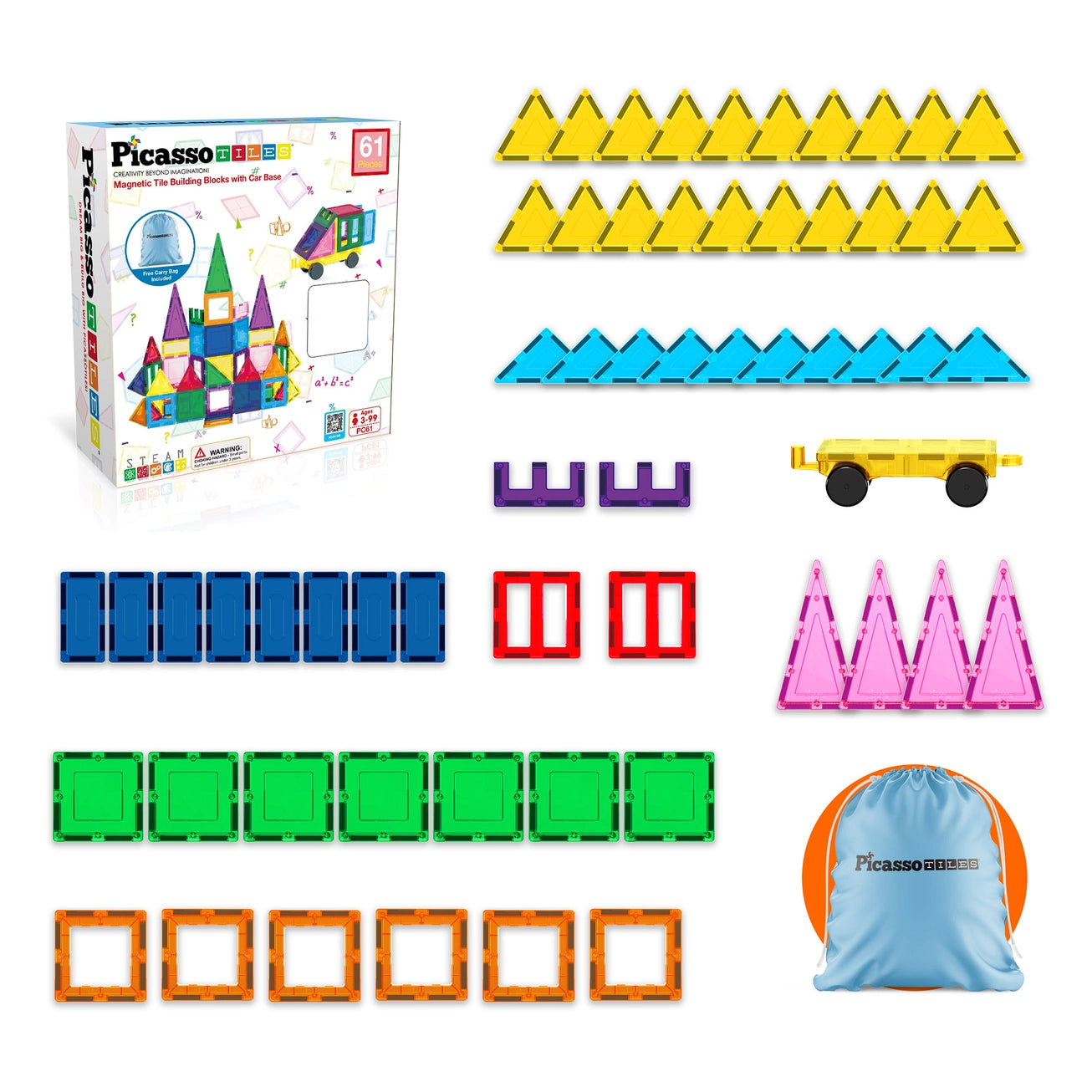61pc Magnetic Tile Building Set w/ Bag
