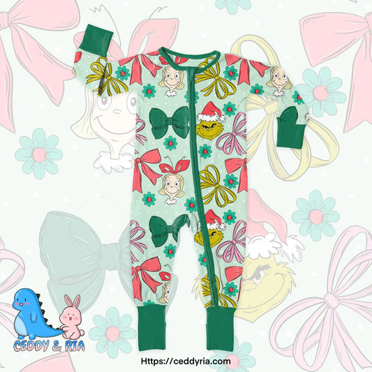 Christmas Mean One Bow Bamboo Convertible Zippy Romper
