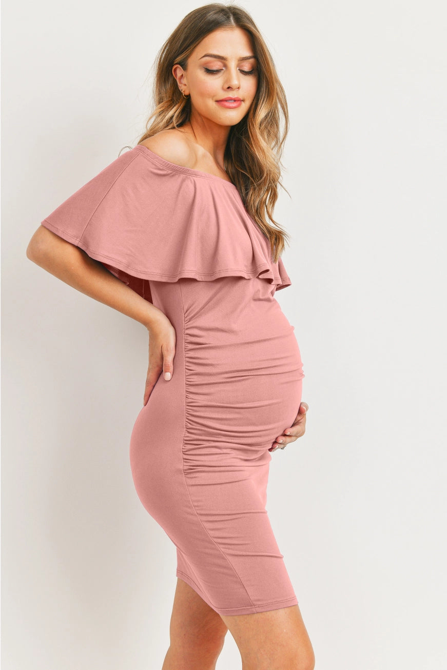 Off the Shoulder Ruffled Maternity Mini Dress