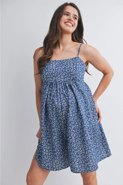 Floral Smocked Maternity Romper with Pockets - Blue