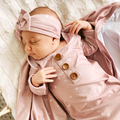 Newborn Baby Knot Gown & Hat Set | Tiny Hearts in Dusty Pink
