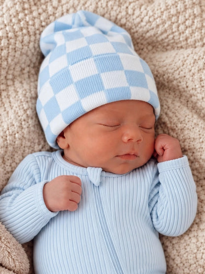 Baby's First Hat® - Baby Blue/Warm White Checkerboard