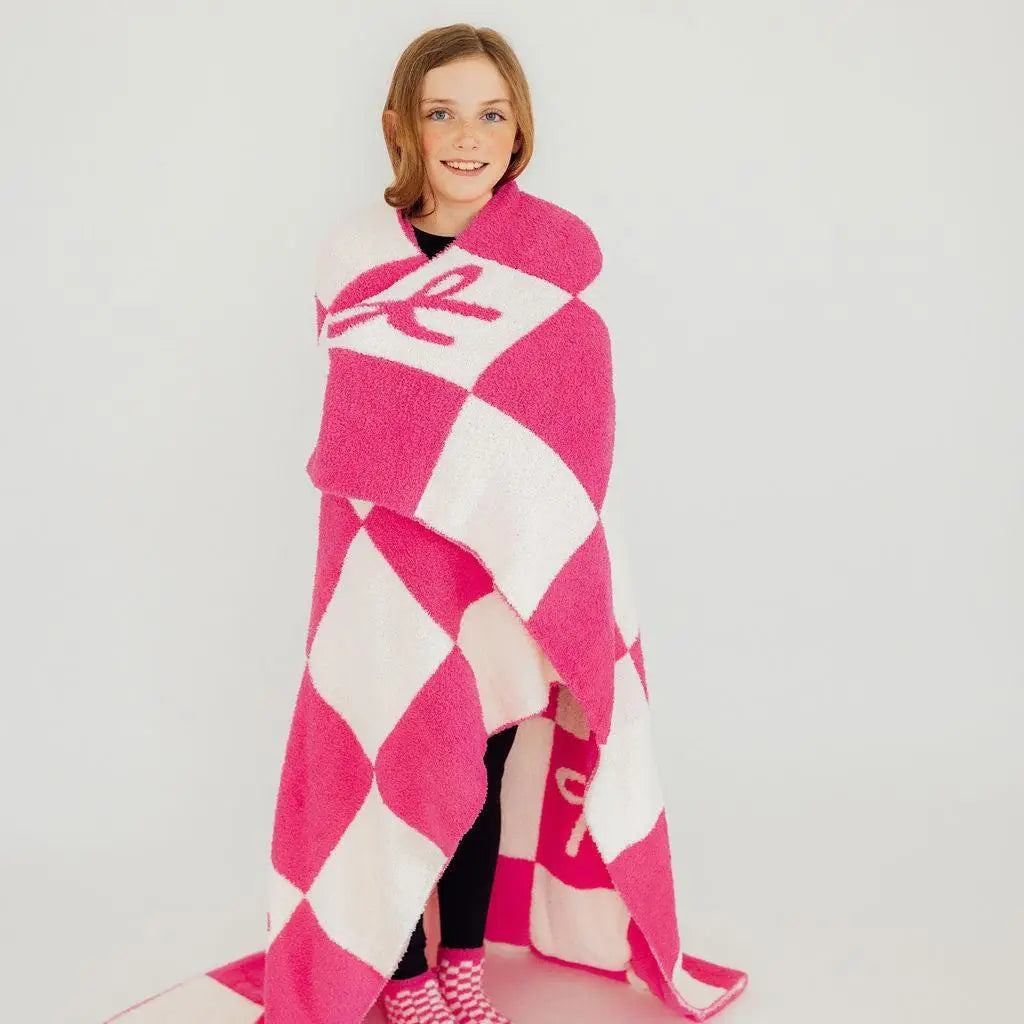 Bright Pink Checker Bow Cozy Blanket