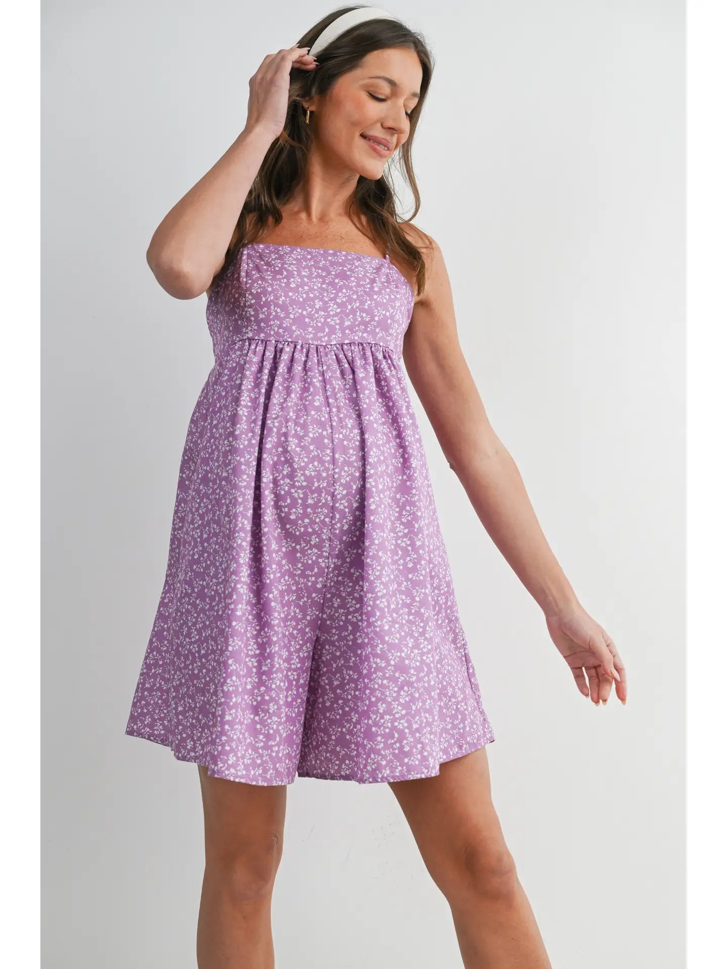 Floral Smocked Maternity Romper with Pockets - Lilac