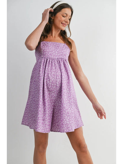 Floral Smocked Maternity Romper with Pockets - Lilac