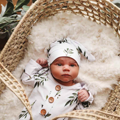 Newborn Baby Knot Gown & Hat Set | Olive Leaf
