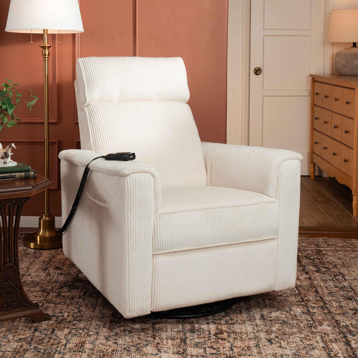 Monogram by Namesake Willa Deluxe Power Recliner and Swivel Glider with Heat + Massage | Ivory Corduroy