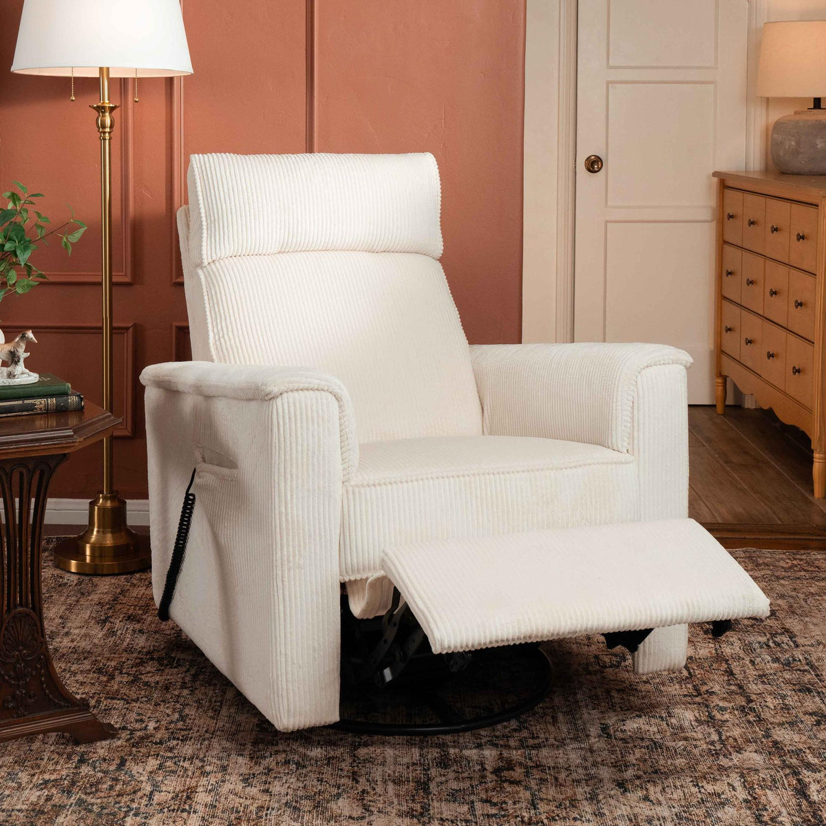 Monogram by Namesake Willa Deluxe Power Recliner and Swivel Glider with Heat + Massage | Ivory Corduroy