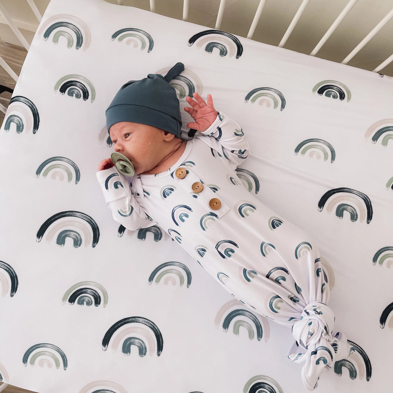 Newborn Baby Knot Gown & Hat Set | Brooks' Blue Rainbows